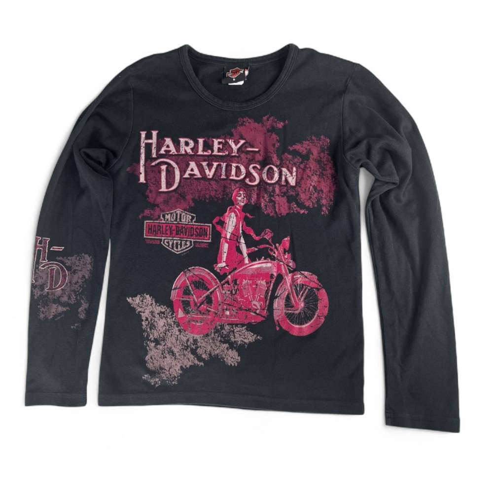 Harley Davidson VTG Y2K Women’s Long Sleeve Graphic T Shirt Sz Medium Rhinestone